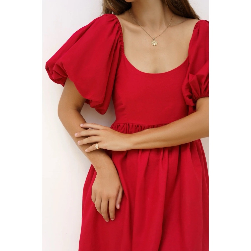 Bali Elf 100% Linen Deep Red Strawberry Fields Puff Sleeve Mini Dress‎ / Medium